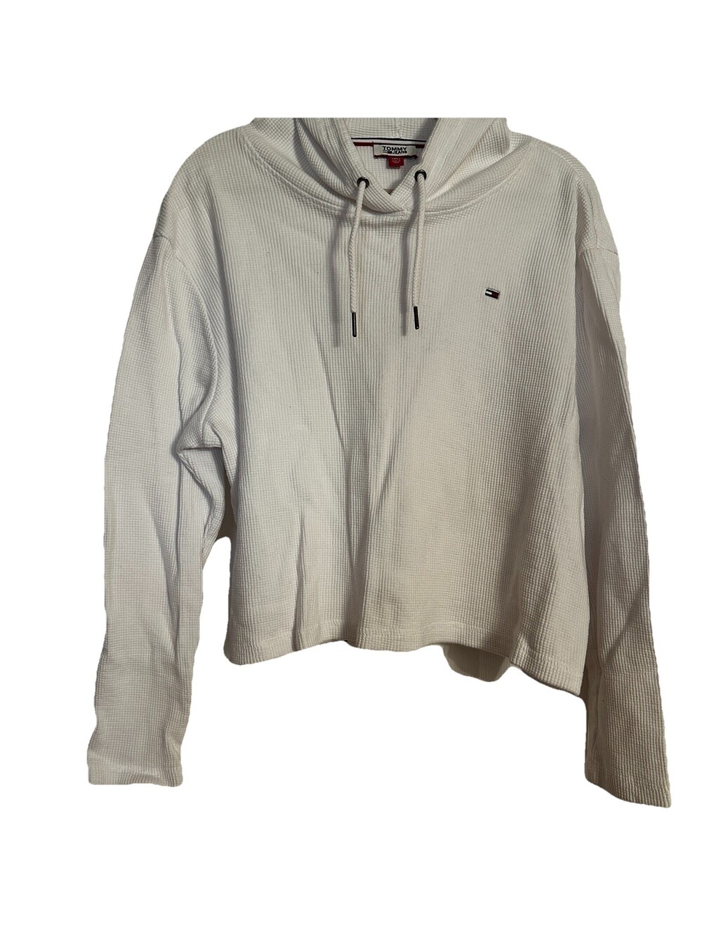 Tommy Jeans Women’s Size XL White Waffle-Knit Cropped Hoodie Thermal Top